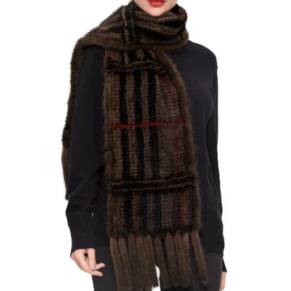 NWT ✅VOLARE Knitted Mink Fur Plaid Scarf with Fringe Multi-Color⭐ NWT - Picture 11 of 12